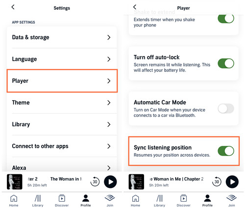 ios audible settings player sync listening position