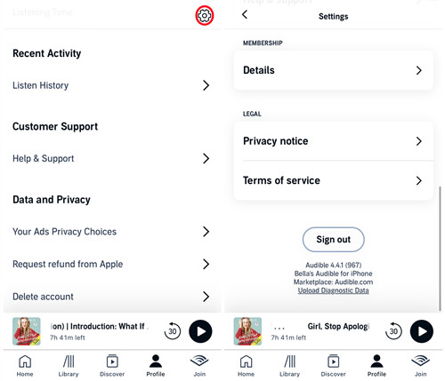 ios audible settings sign out