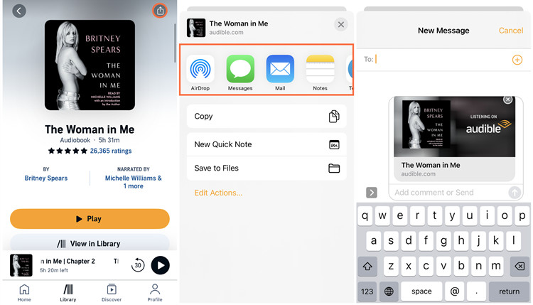 ios audible title share messenger