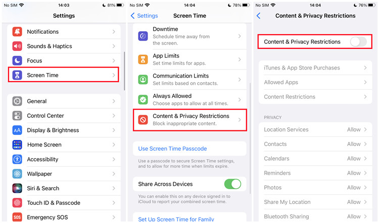 ios content privacy restrictions off