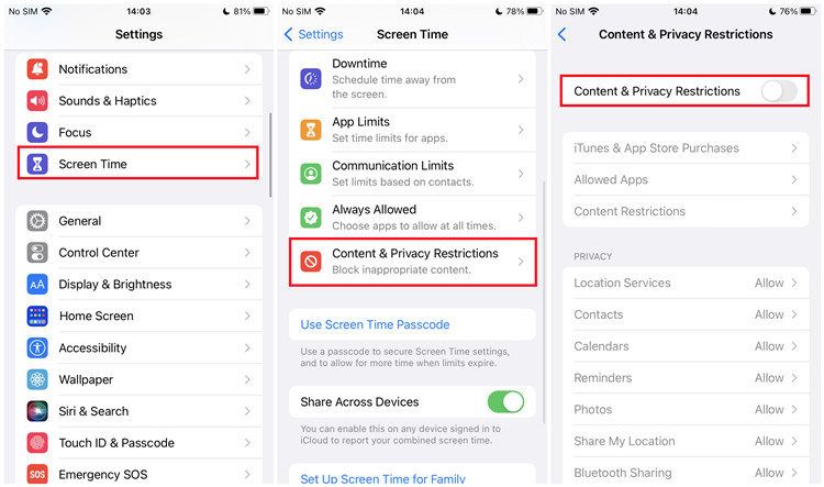 ios content privacy restrctions off
