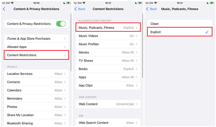 ios content privacy restrictions on music podcast explicit