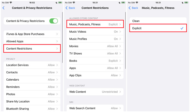 ios content privacy restrictions on music podcast explicit