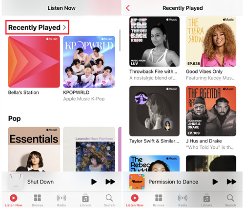 ios music listen now recently played