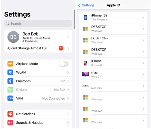 ios settings apple id devices list