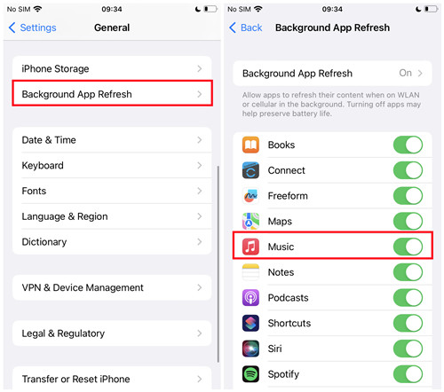 ios settings background app refresh music off