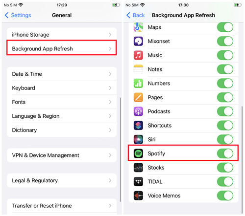 ios settings background app refresh spotify off