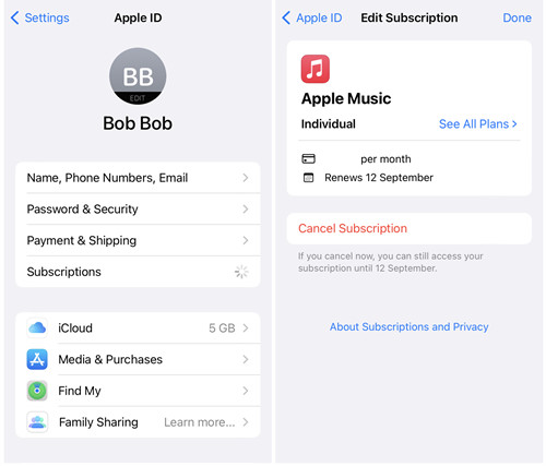 ios settings cancel apple music subscription