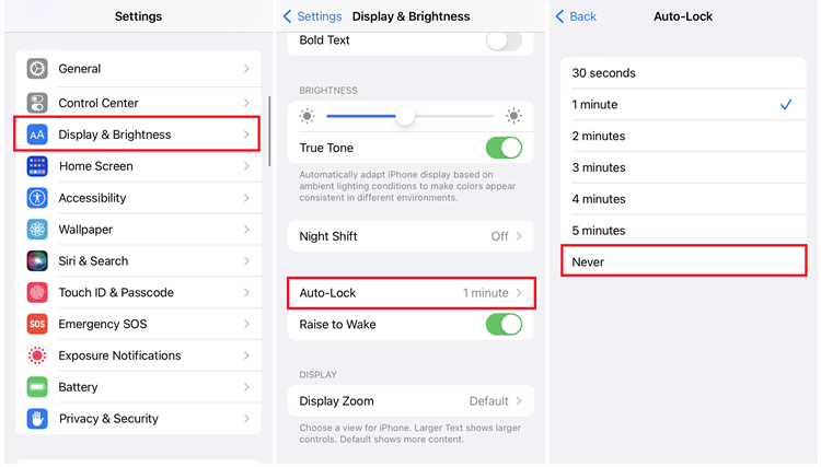 ios settings display brightness auto lock never