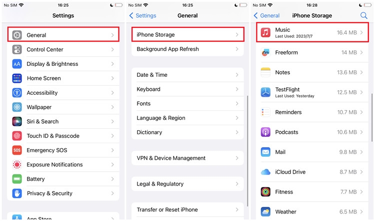 ios settings general iphone storage music