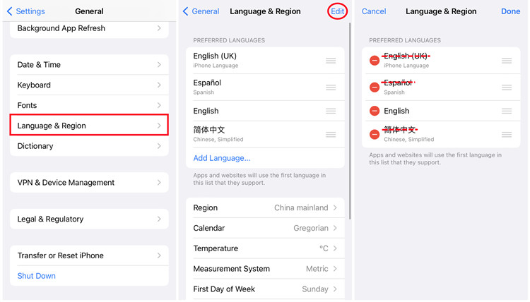 ios settings general language and region edit