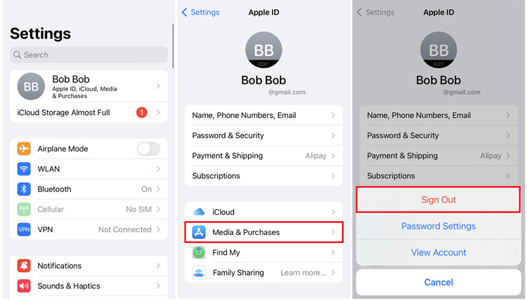 ios settings media and purchases sign out
