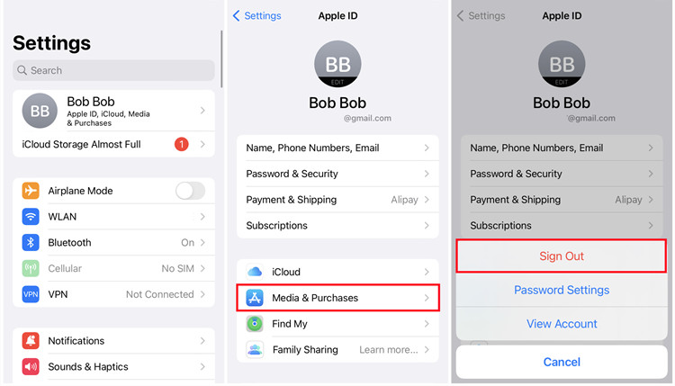 ios settings media and purcaches sign out