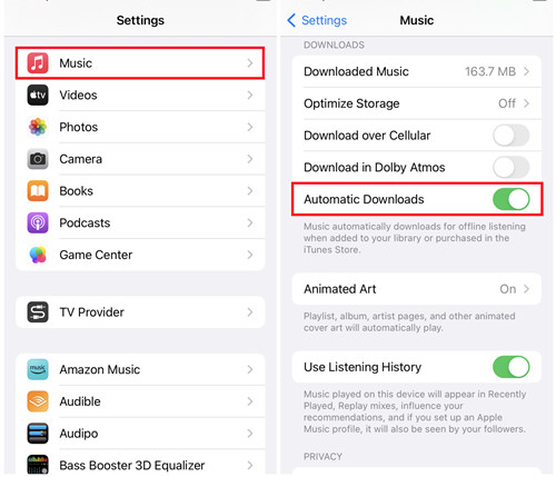 ios settings music automatic downloads on