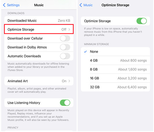 ios settings music optimize storage