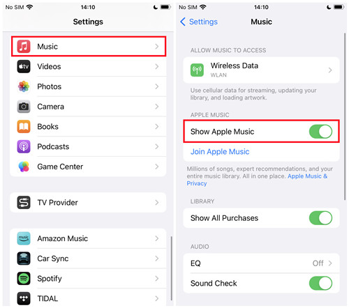 ios settings music show apple music