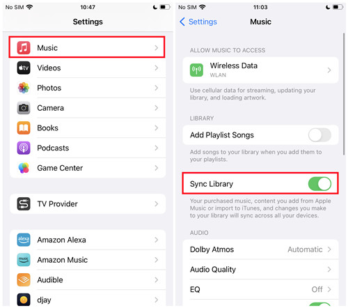 ios settings music sync library