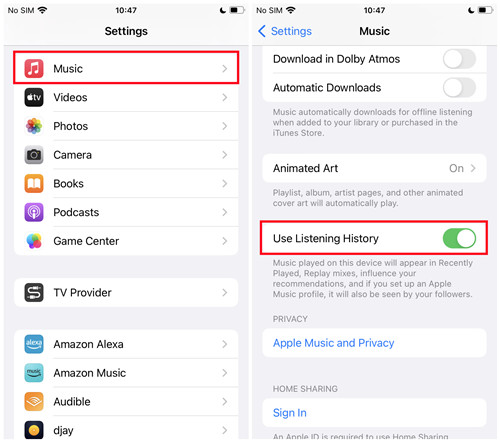 ios settings music use listening history off