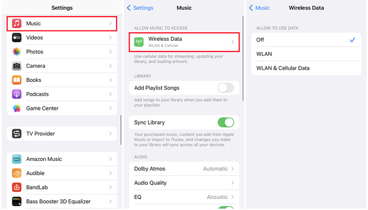 ios settings music wireless data