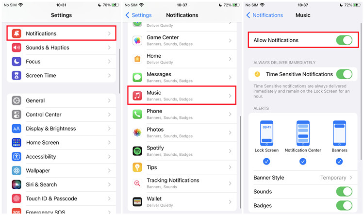 ios settings notications music allow notifications off