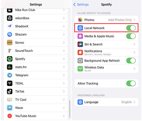 ios settings spotify local network