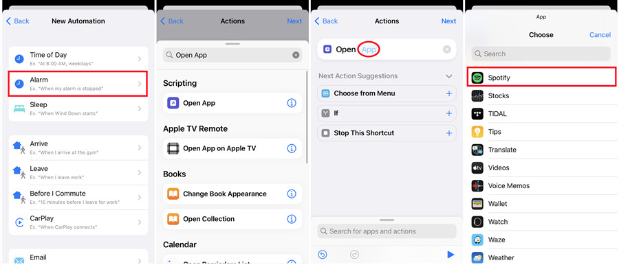 ios siri shortcuts alarm open spotify app