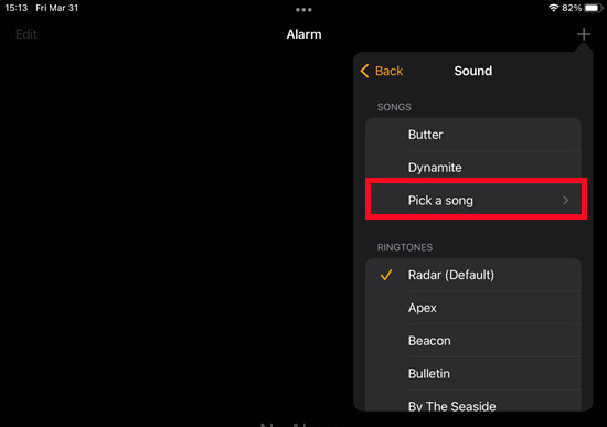 ipad clock alarm pick a song