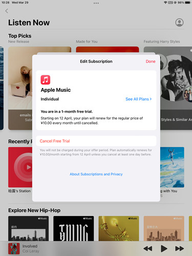ipad music app manage subscription
