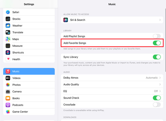 ipad settings music add favoirte songs