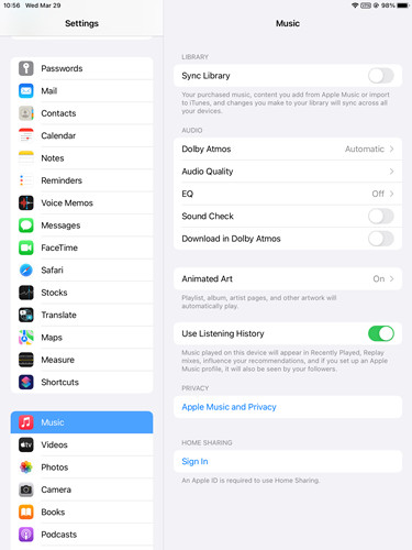 ipad settings music sync library turned off