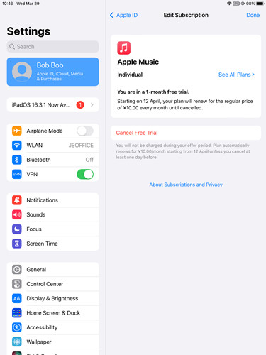 ipad settings subscriptions apple music