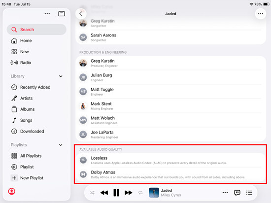 ipados apple music credits available audio quality