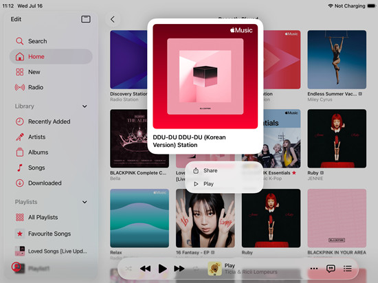 ipados apple music home recently played radio station history