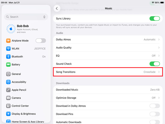 ipados settings music audio song transitions