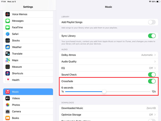 ipados settings music crossfade