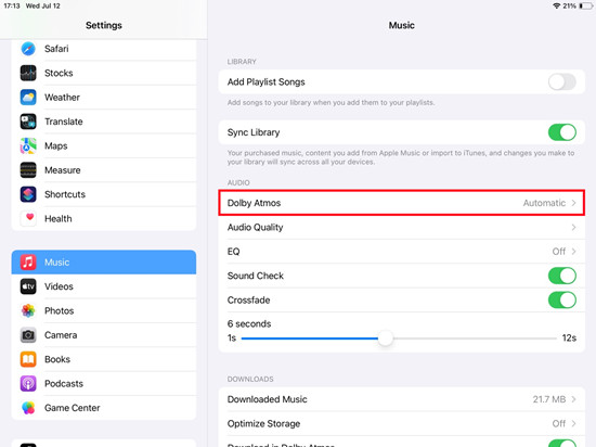 ipados settings music dolby atmos