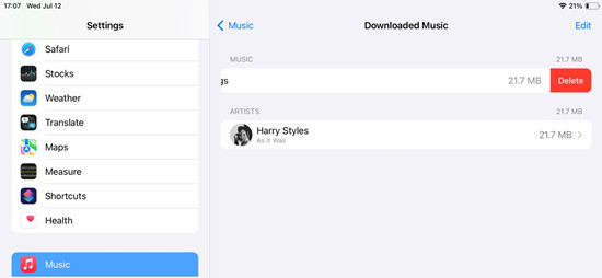 ipados settings music downloaded music detete