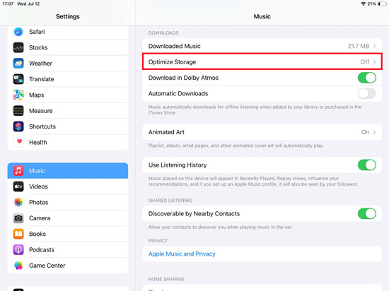 ipados settings music optimize storage