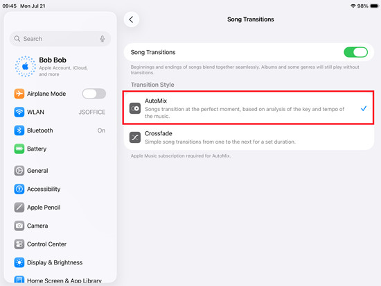 ipados settings music song transitions automix