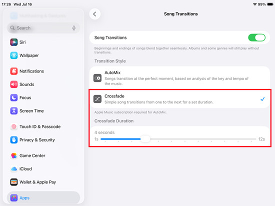 ipados settings sound transistions crossfade