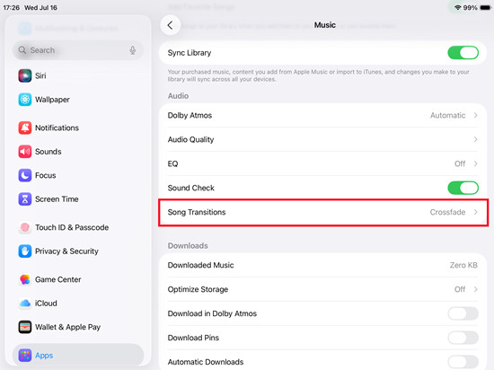 ipados settings sound transistions