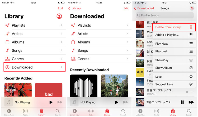 iphone downloaded music delete from library