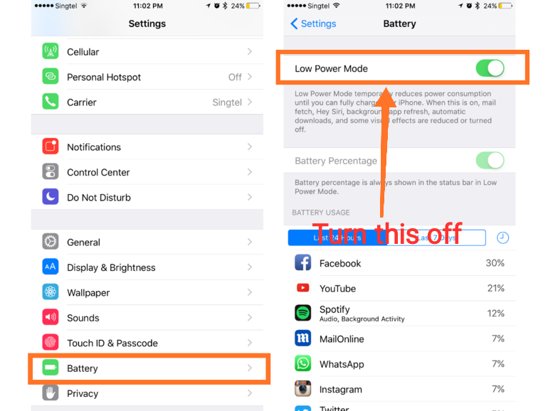 turn off iphone low power mode