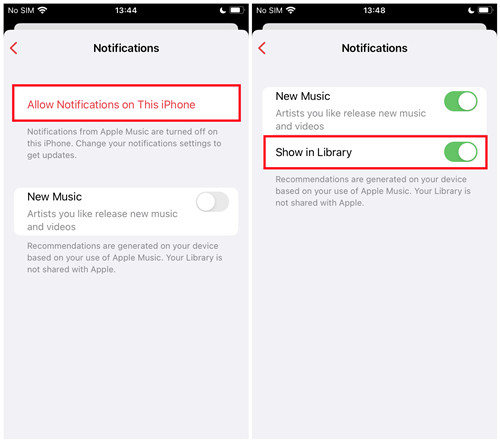 iphone music app notifications show in library