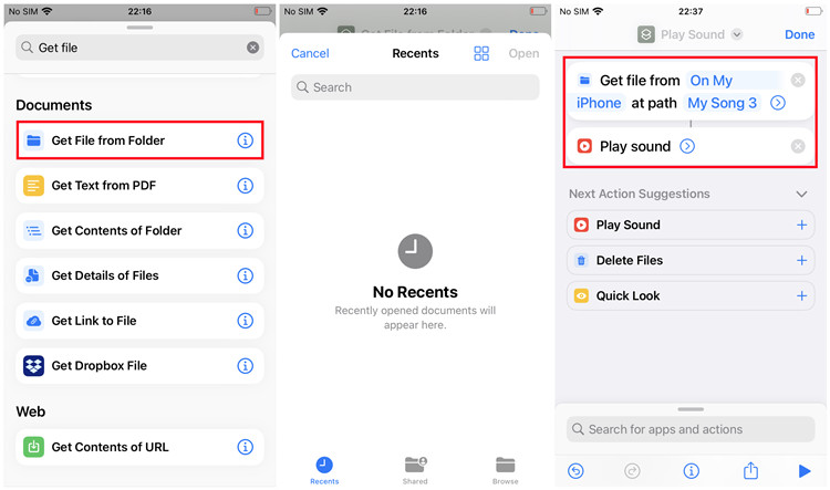 iphone shorcuts get file from folder action