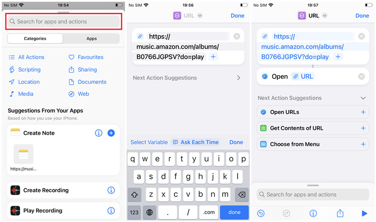 iphone shortcuts open amazon music urls