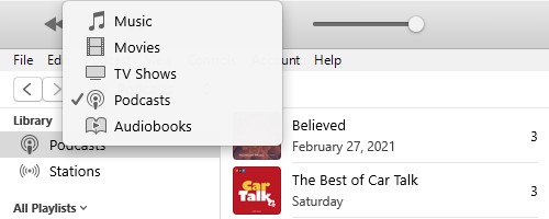 itunes apple music centents menu podasts