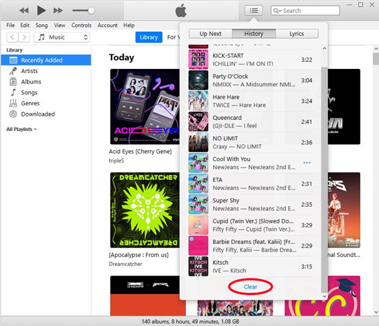 itunes clear apple music history