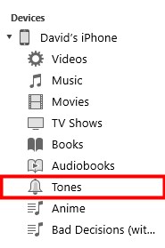 itunes devices contents menu tones