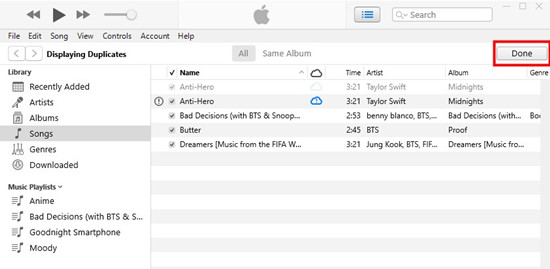itunes songs displaying duplicates done